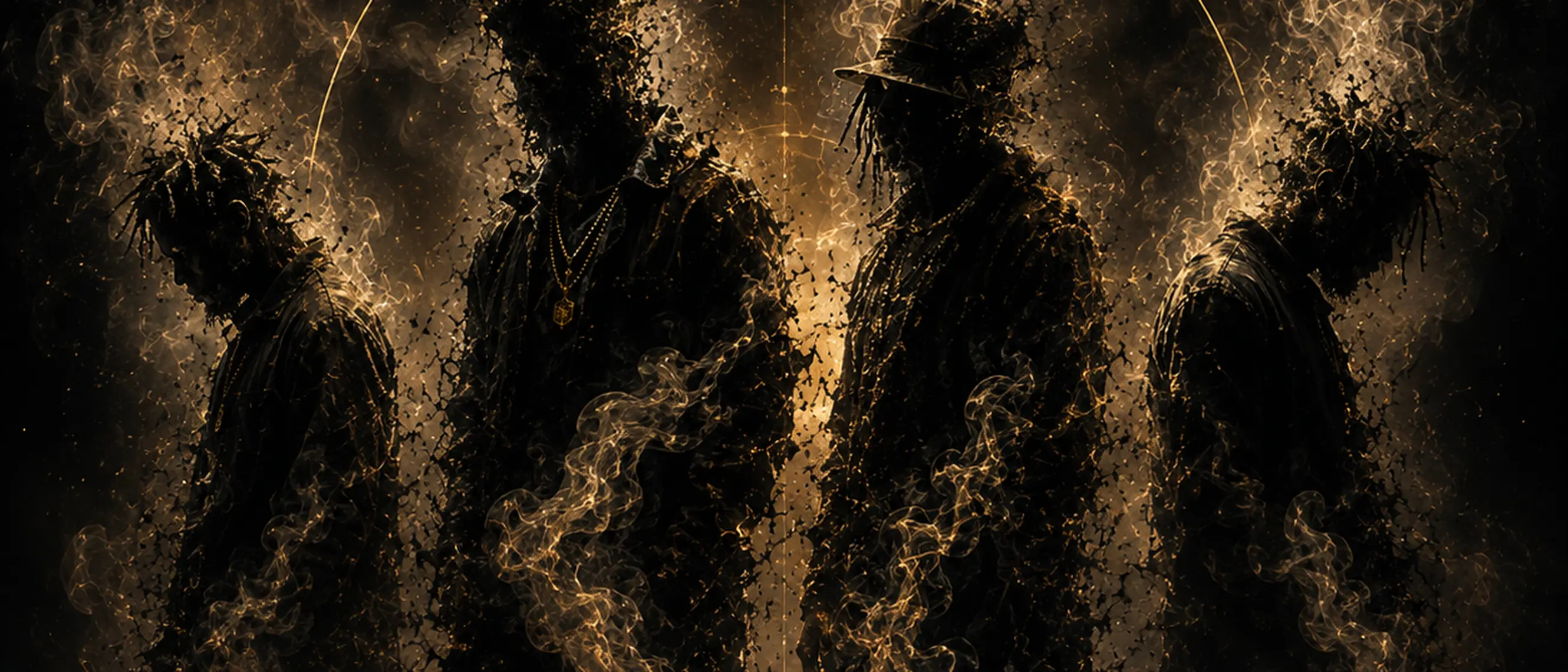 Four figures in silhouette, rendered in gold smoke and sparks against black, from the Key Pen artist artwork.